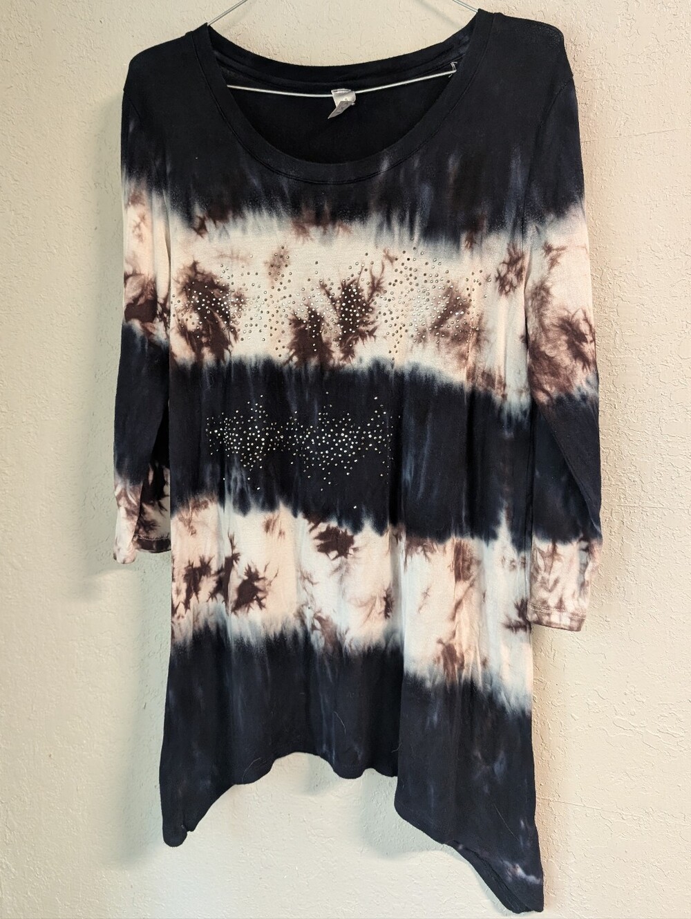 Tie-Dye RhinesScoop Neck Top S Black Cream Grunge Whimsigoth Tunic Fairy Bling